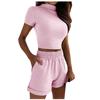 Fashion Womens Sexy Solid  Tracksuit Short Sleeve Tops Sports Shorts Set