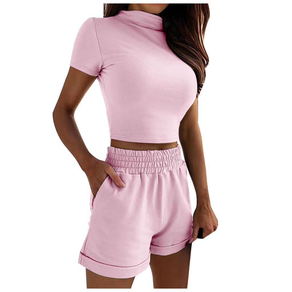 Fashion Womens Sexy Solid  Tracksuit Short Sleeve Tops Sports Shorts Set