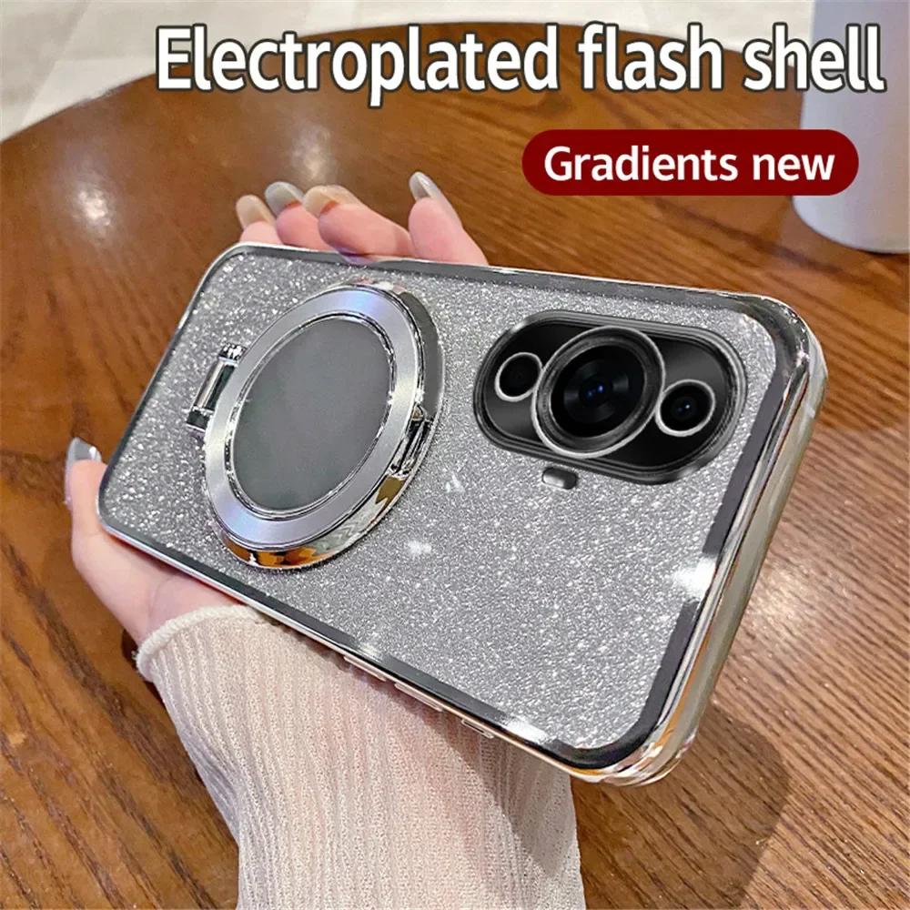 Magnetic Mirror Holder Plating Glitter Phone Case For Huawei Nova 12 11 10 9 8 7 Pro 6 5 7i 9Z 5T 10SE 9SE 8SE 7SE 6SE Y70 Cover