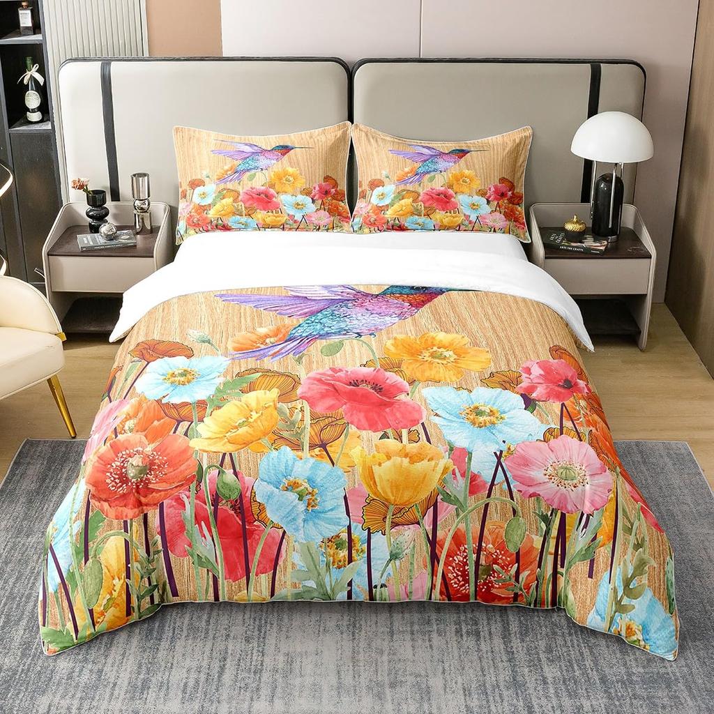 Flower Duvet Cover Set, Little Red Spring Summer Time Garden Florals Poppy Decorative 3 Piece Bedding Set with 2 Pillow Shams