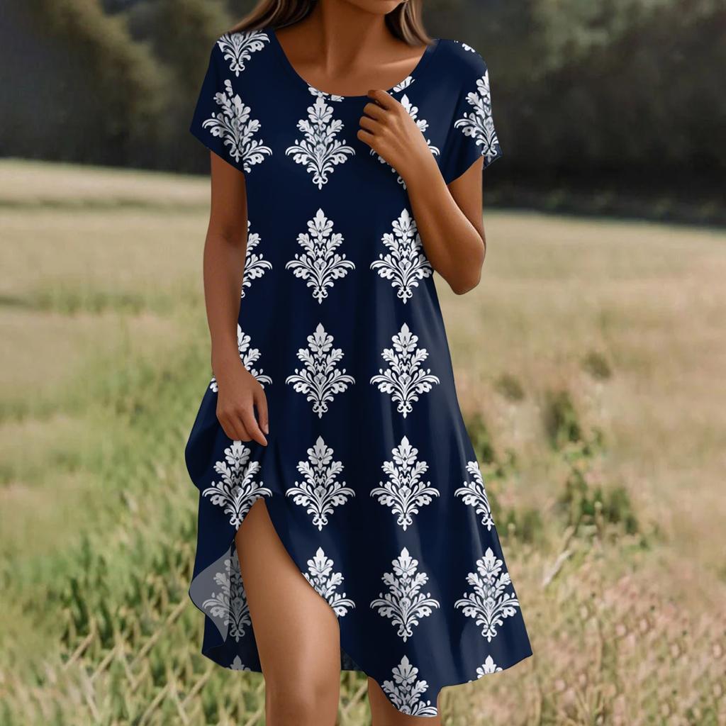 Abito boho a maniche corte per donna, casual, ampio, estivo, con stampa floreale e tasche