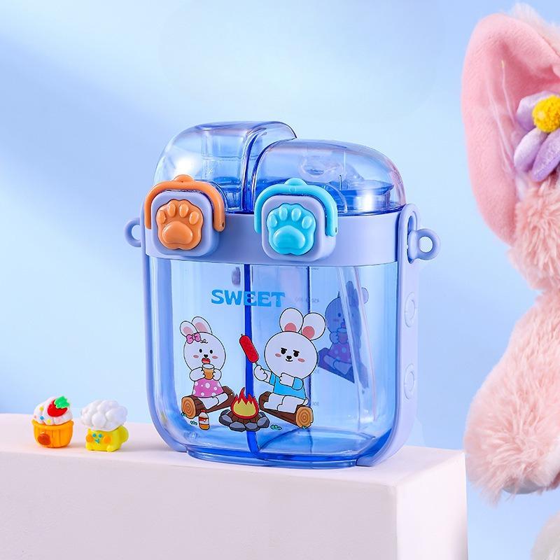 Children's Double-drinking Water Cup with Separate Compartments, Plastic Cartoon Straw Cup, Student Portable Hanging Rope Water Bottle