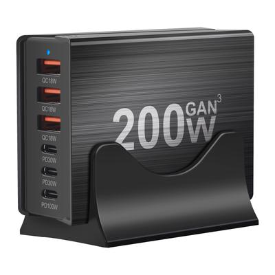 Estación de Carga Rápida GaN de 200W y 6 Puertos Cargador USB C Carga Rápida QC PD 3.0 Cargador Rápido Tipo C para IPhone 16/15/14/13 Pro MacBook