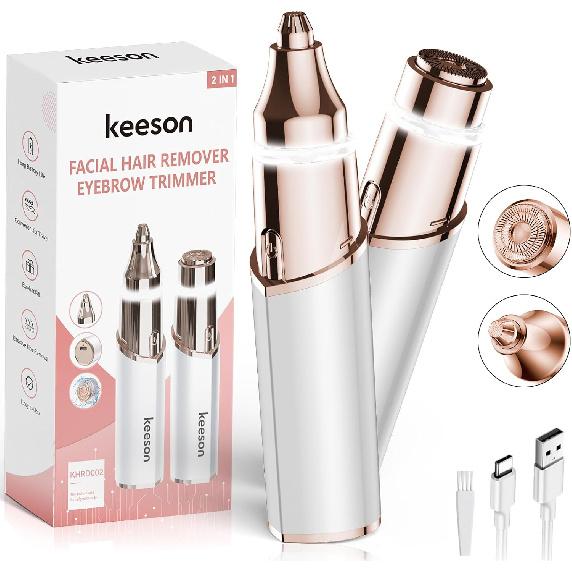 Facial Hair Removal for Women, 2-in-1 Electric Eyebrow Trimmer with LED Light, Rechargeable Hair Removal Device Face Shaver Facial Hair Remover for