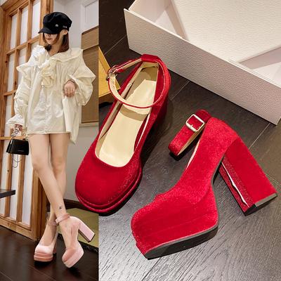 AJGS Sexy Thick-soled Single Shoes for Women 12CM High Heels Fashion Buckle Waterproof Platform Pump High Heels Wedding Shoes