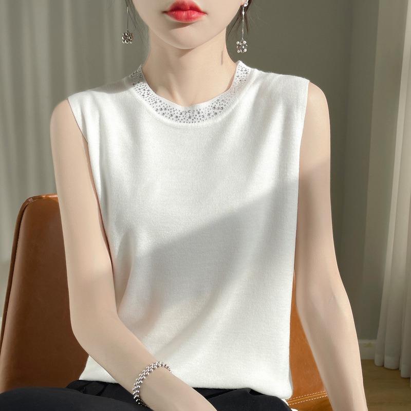 Vlněná směs Jarní dámská vesta s kulatým výstřihem, vrtáním, bez rukávů, pletená vesta s krátkým spodním dílem