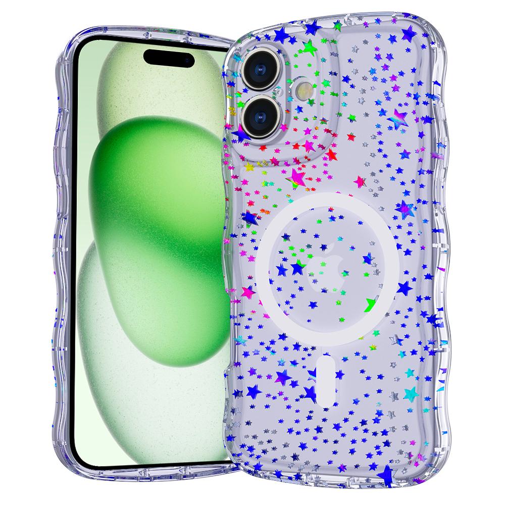 For iPhone 16 Magnetic Case Wave Edge Glitter TPU Phone Back Cover