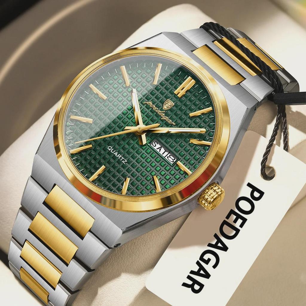 POEDAGAR Luxury Men Watch Date Week Waterproof Luminous Stainless Steel Watch For Man Casual Quartz Men's Watches