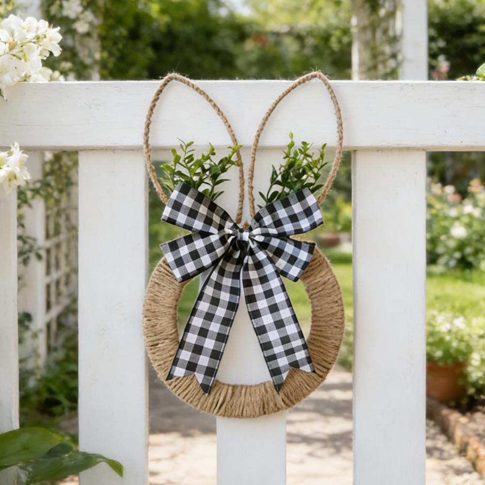 Spring Floral Wreath Easter Bunny Wreath with Hemp Rope Bow Spring Rabbit Door Hanging Sign Farmhouse Front Porch Wall Window