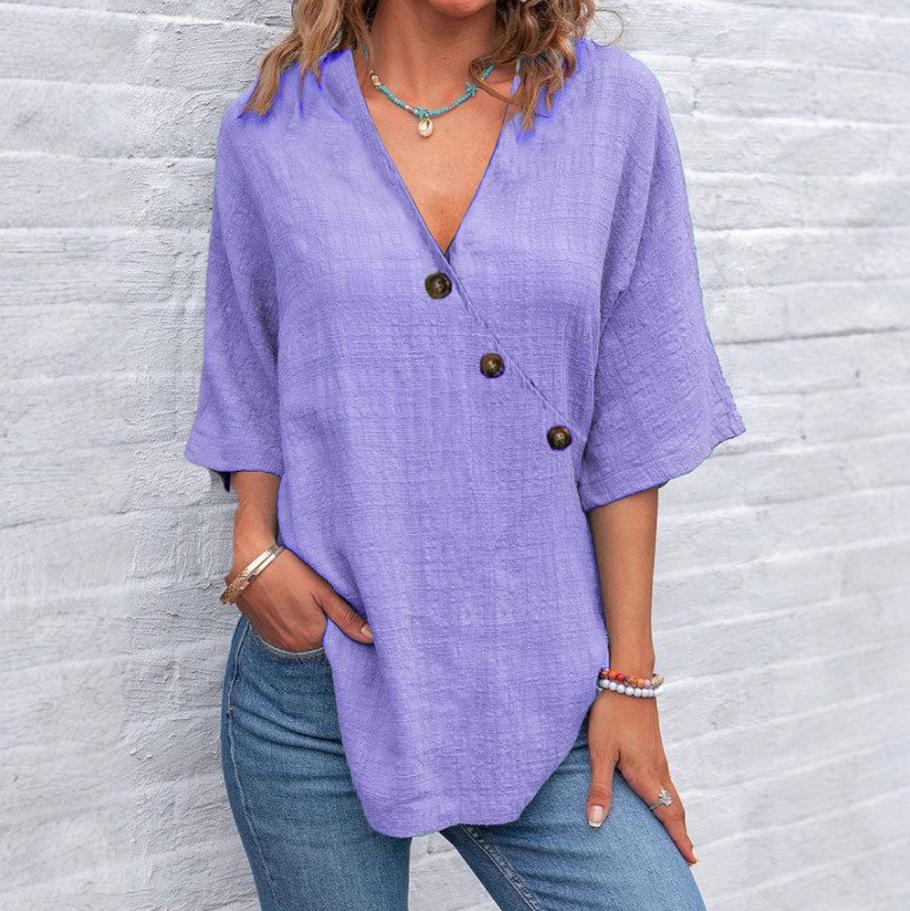 2025 Summer Women's Solid Color Cotton Linen Button-Up Top - European American Style