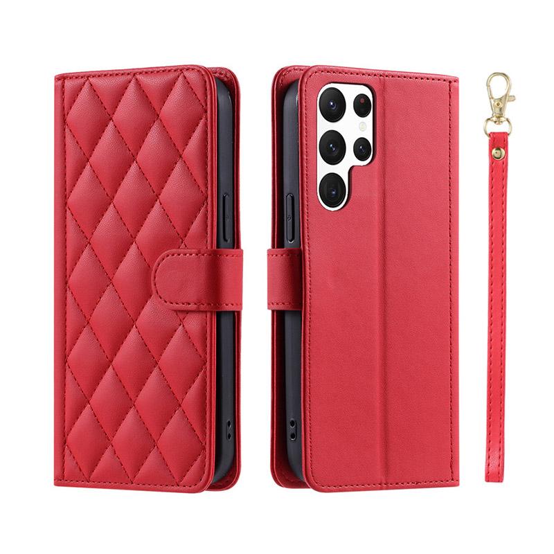 Checkered Leather Wallet Case For Samsung Galaxy S24 S23 S22 S21 S20 FE S10 Note 20 Ultra 10 Plus 9 8 Lanyard Flip Phone Cover