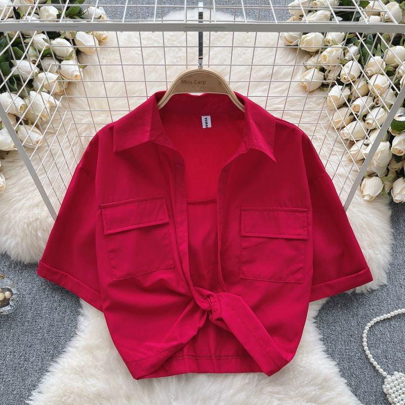 

Twisted Niche Style Midriff-Baring Top Short-Sleeved Shirt Red One size