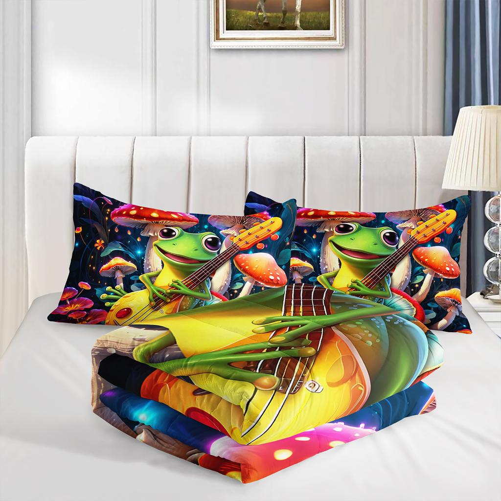 3PC Musical Frog Bedding Set Cute Cartoon Frog Duvet with 2 Pillowcases Mushroom Theme Comforter for Bedroom Or Guest Room