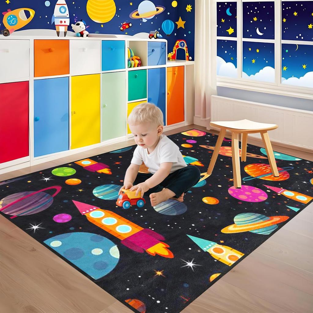 Cartoon Outer Space Rug for Kids Bedroom, Galaxy Planet Solar System Carpet, Educational Rockets and Satellites Play Mat