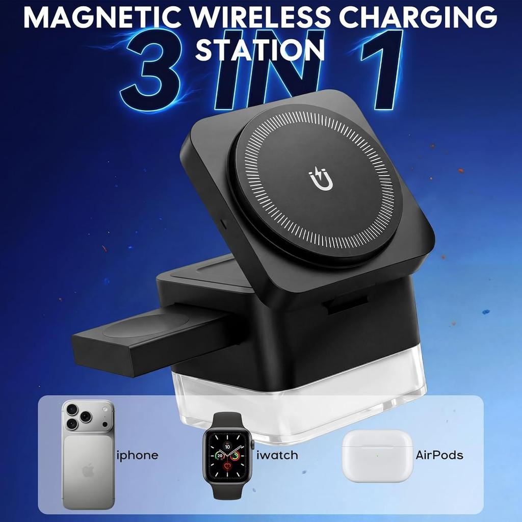 Magnetic Wireless Charger 15W Foldable Fast Charger Stand with Night Light for iPhone 17/16 Apple Watch Ultra/SE/9/8/7AirPods 3/2/Pro 2