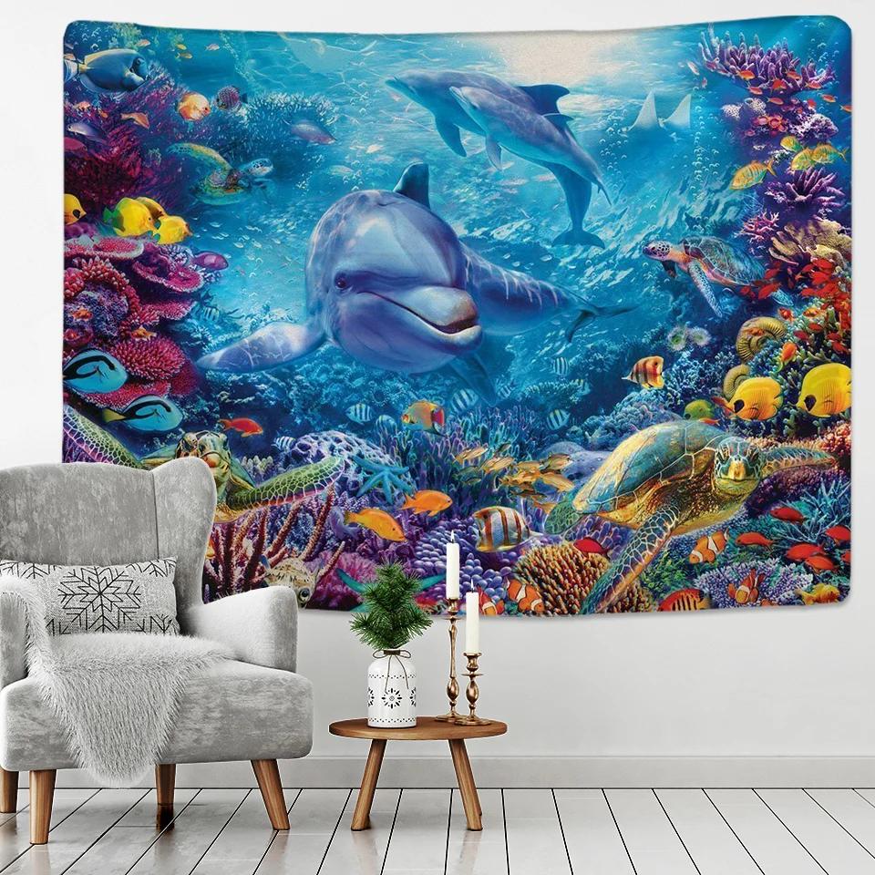 

Beautiful Rainbow Big Turtle Dolphin Tapestry Wall Carpets Hanging Ocean Decorative Tapestry Boho Yoga Picnic Mat Beach Towel 74x94cm(29x37in)