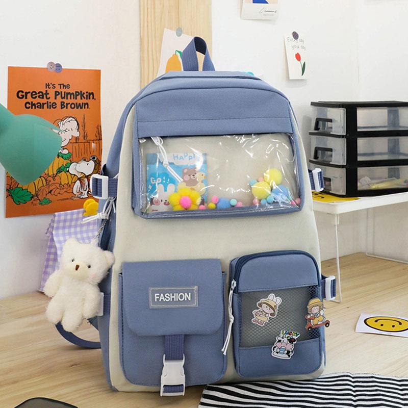 5pcs/set Kawaii School Bags for Teenage Girls Casual Canvas Large Capacity Student Bookbags Women Travel Backpack Shoulder Bags