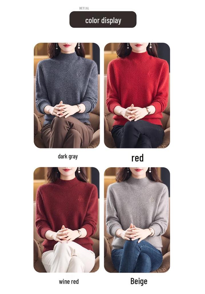 Women's Warm Cashmere Sweater with Embroidered Half-High Collar - Autumn/Winter Fashion Base Layer