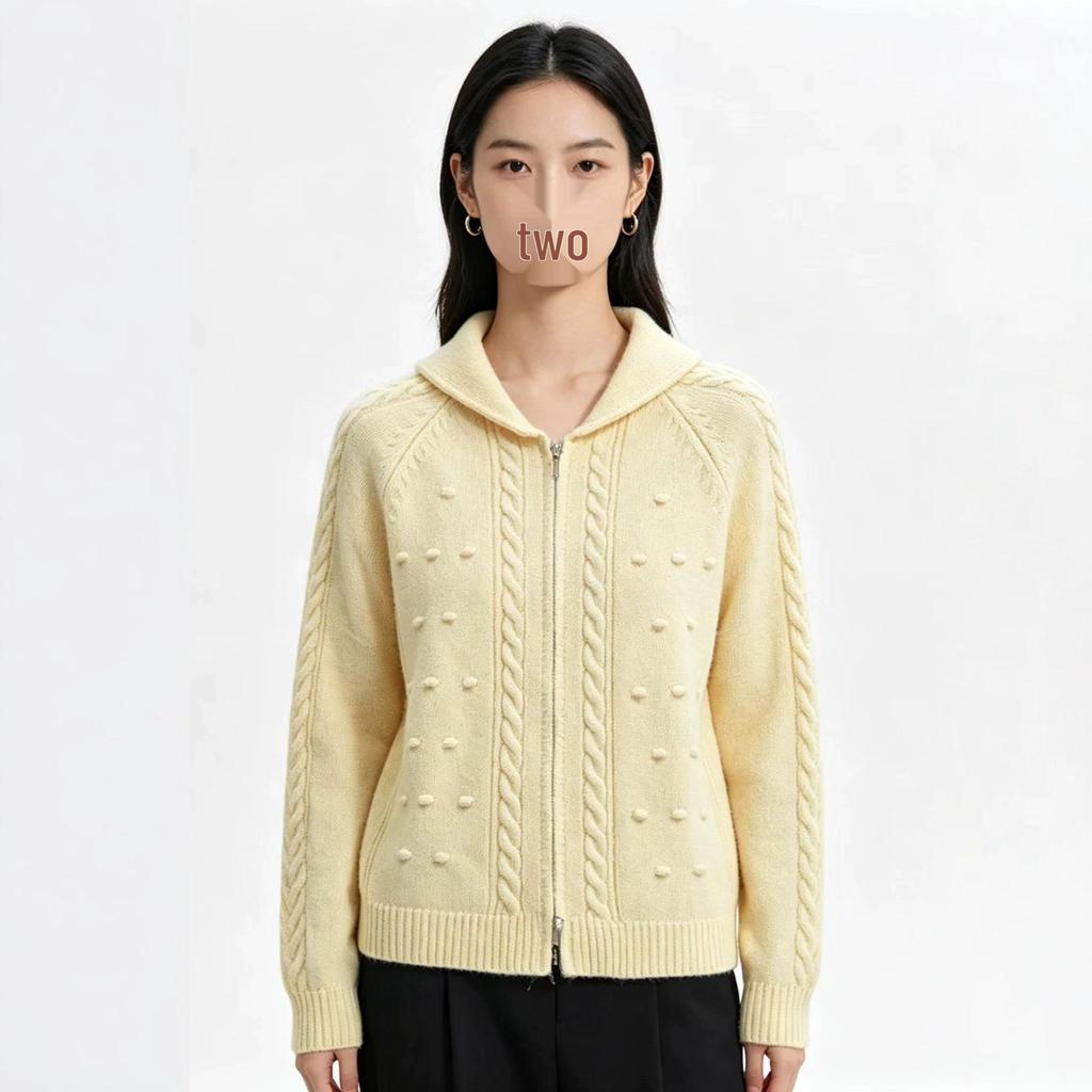 Korean-Style Double Zipper Retro Cable Knit Cardigan Jacquard Lapel Sweater for Women