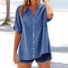 Vacation Style Fashion Simple and Loose Single Breasted Short Sleeved Top Cotton and Linen Women's Blouses & Shirts
