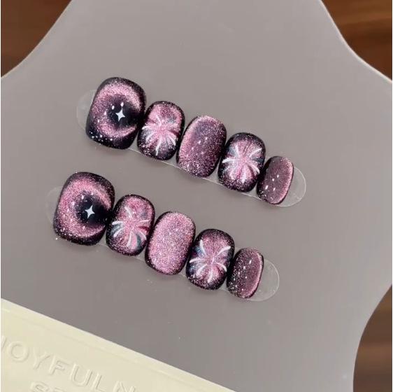 

Xiaohongshu Dazzling Fireworks Crescent Cat Eye Purple Starry Sky Handmade Whitening Press-On Nails Extra Small (XS)