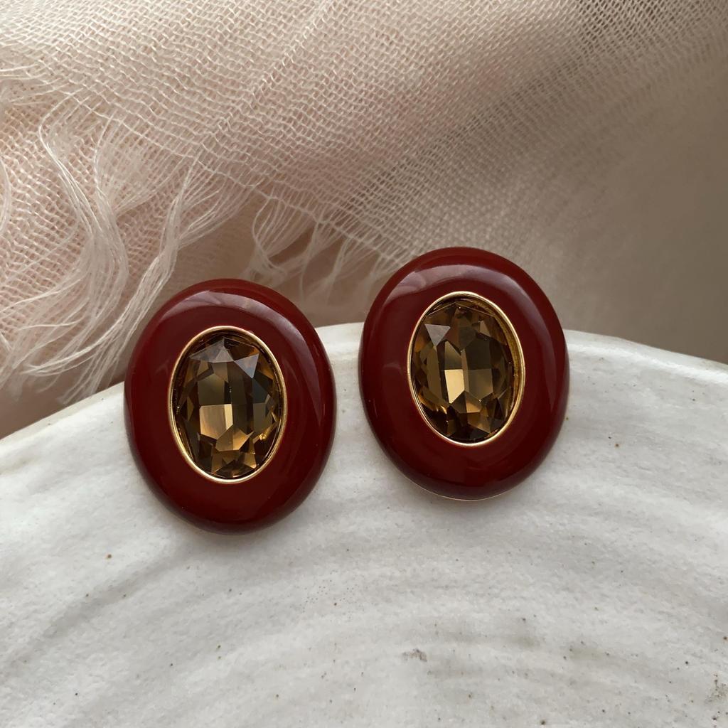 20 Retro Oil-Set Gemstone Contrasting Earrings Versatile Cold Hong Kong Style Colored Studs