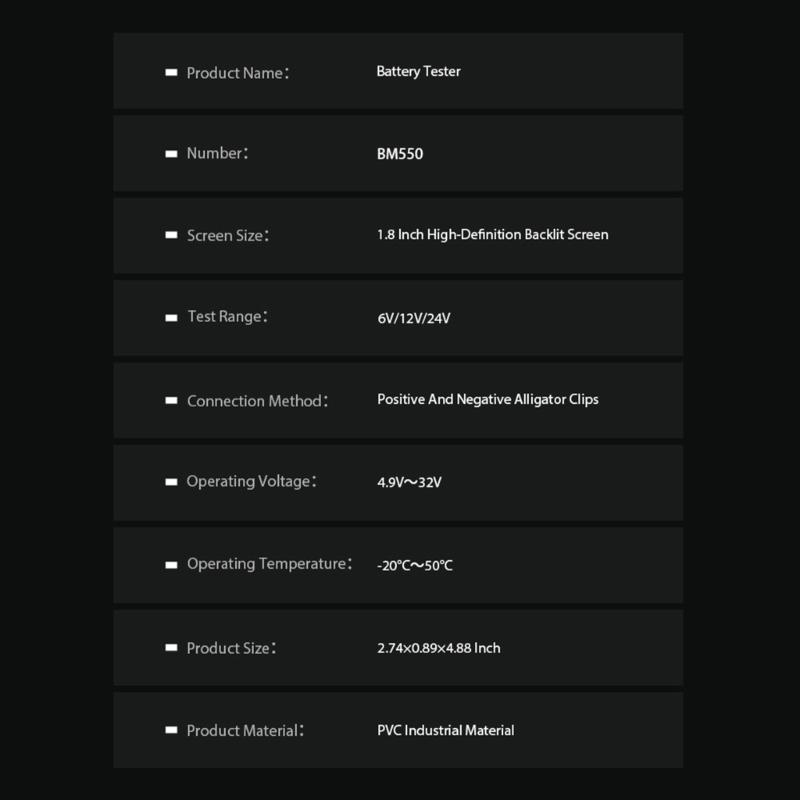 24V 6V 12V Battery Tester BM550 Test Analyzer Diagnostic Tool Detector Accessories Fit for Car Motorcycles Truck Trailer