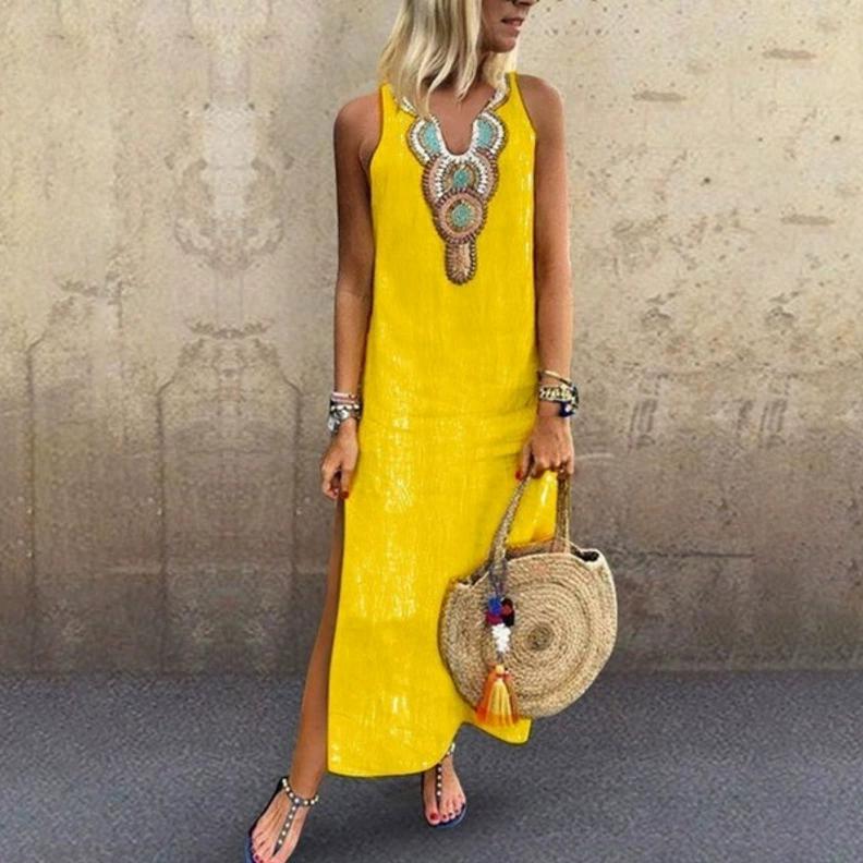 Codzienna Luźna Bawełniana Lniana Boho Seksowna Bez Rękawów Głęboki Dekolt V Rozcięcie z Boku Sukienka Wygodna Lekka Elegancka Wysoka Rozpoznawalność Wyszczuplający Krój