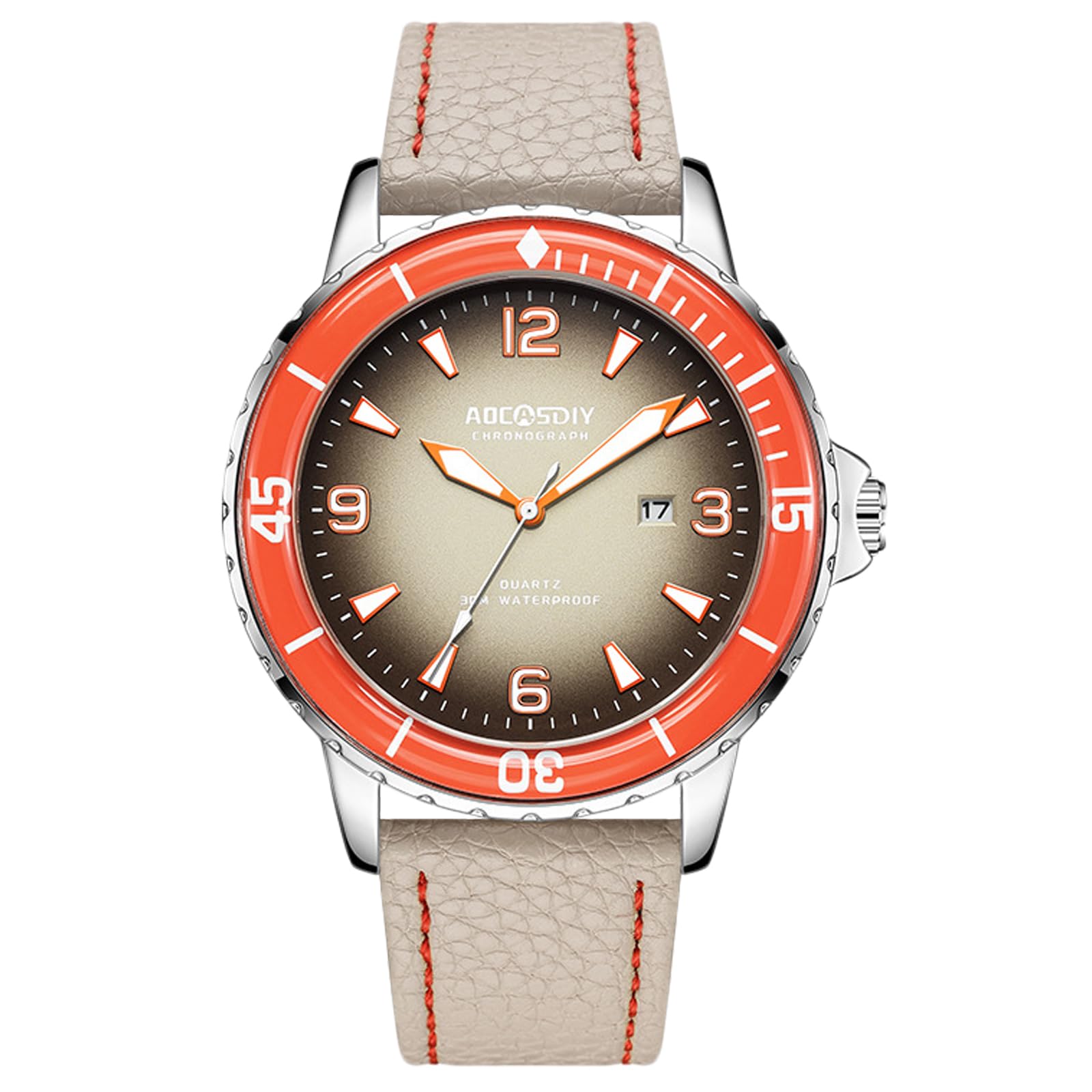 

RORIOS Watch with Date Luminous Genuine Leather Quartz Job Orange Men s Display, Function, Lightweight, Waterproof, Band, Movement, Popular, Stylish,