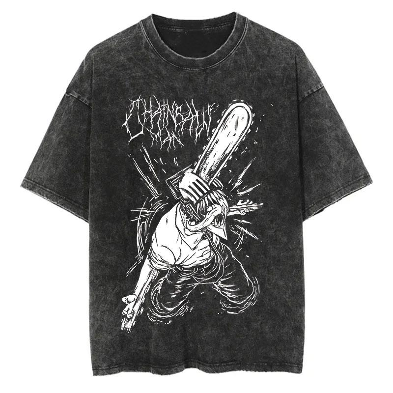 Chainsaw Man Anime Vintage Printed Washed T-shirt Women Men Harajuku Oversize Streetwear Y2K Tops Short Sleeve Tee