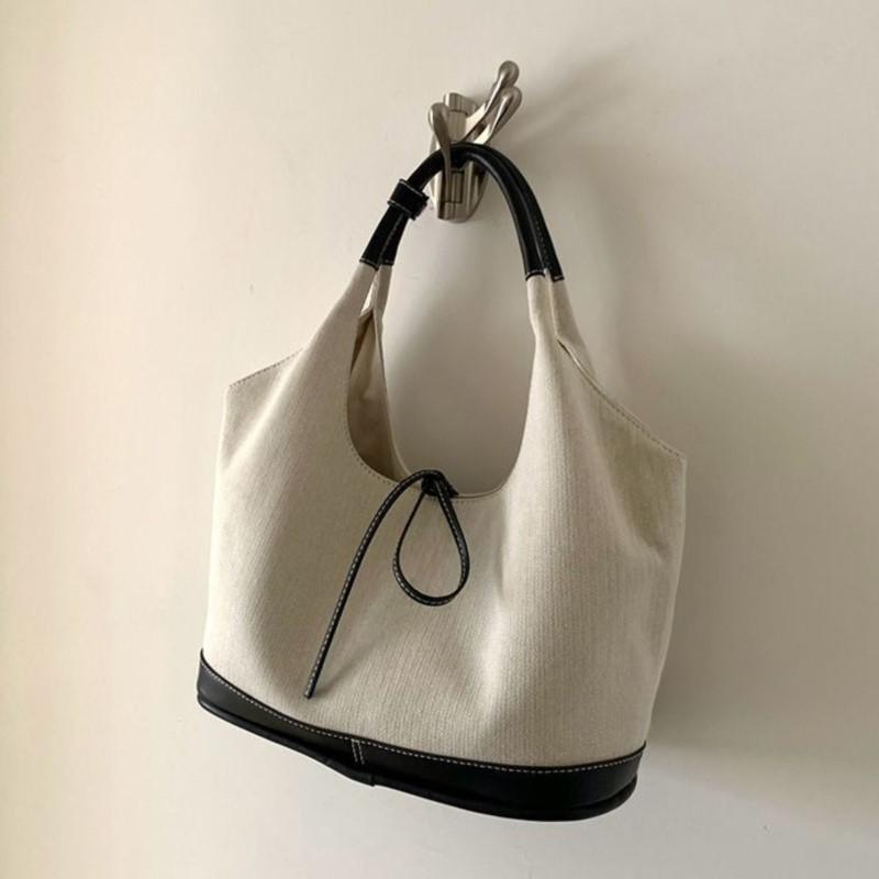 Harajuku  Handbag Women Fairy Core Bow Chic Patchwork Casual Shoulder Bags Female Vintage Beige Canvas Underarm Bag