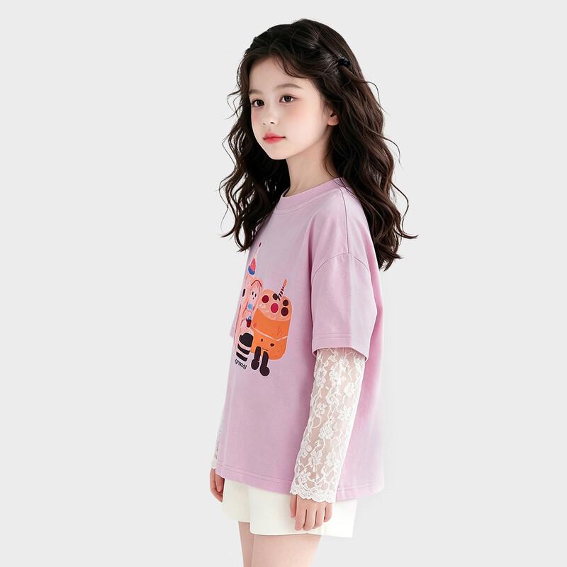 Girls' Cotton Long-Sleeve Lace Detail Faux-Layered T-Shirt