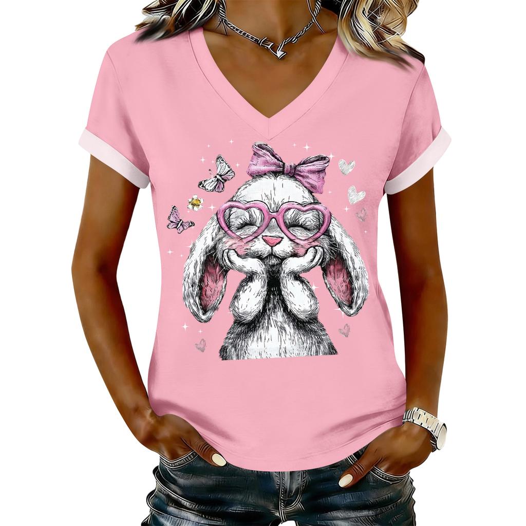Women's Casual Printed T-Shirt V Neck Pullover Short Sleeve Top