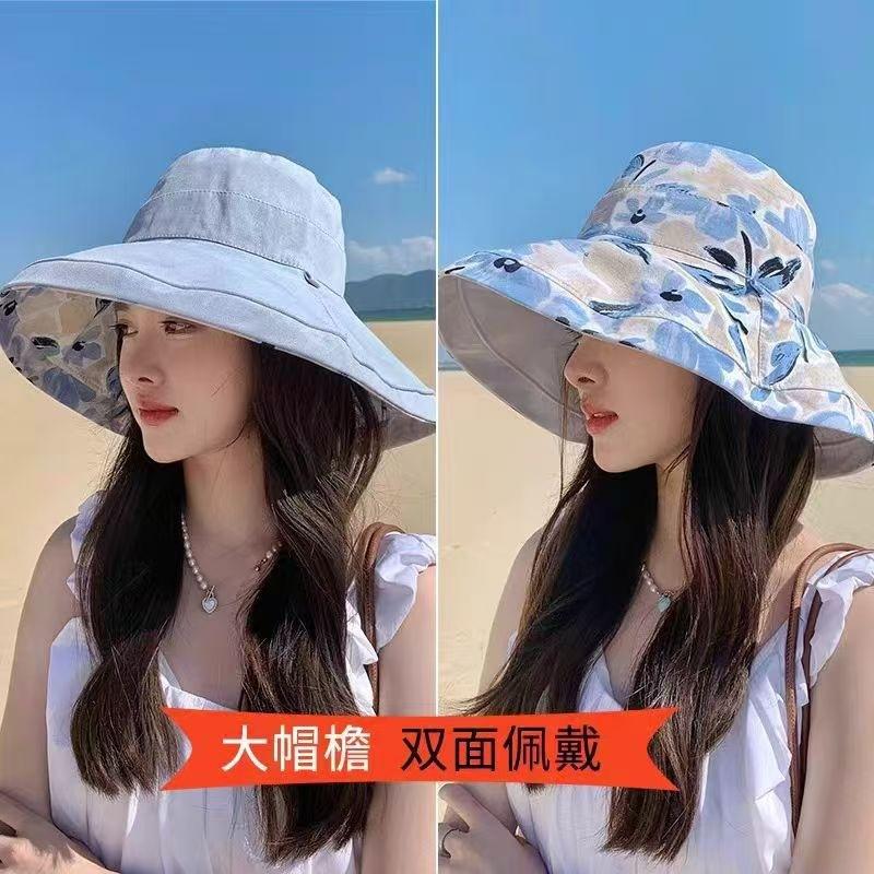Double-sided bucket hat women's summer face covering large brim sun hat sun protection and UV protection hat women