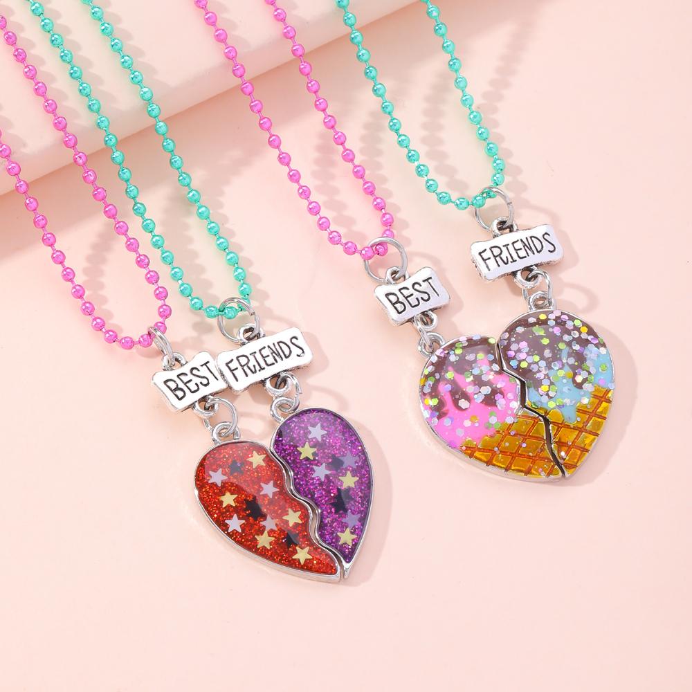 Set di 2 Collane con Ciondolo a Mezzo Cuore Colorato Catena con Perline Fascino Migliori Amici Choker Gioielli BFF Per Bambini Amicizia