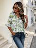 Women's Peacock Feather Print V-Neck Button Front Blouse, White Green Yellow Purple 3/4 Ruffle Sleeve Top for Office & Daily Wear