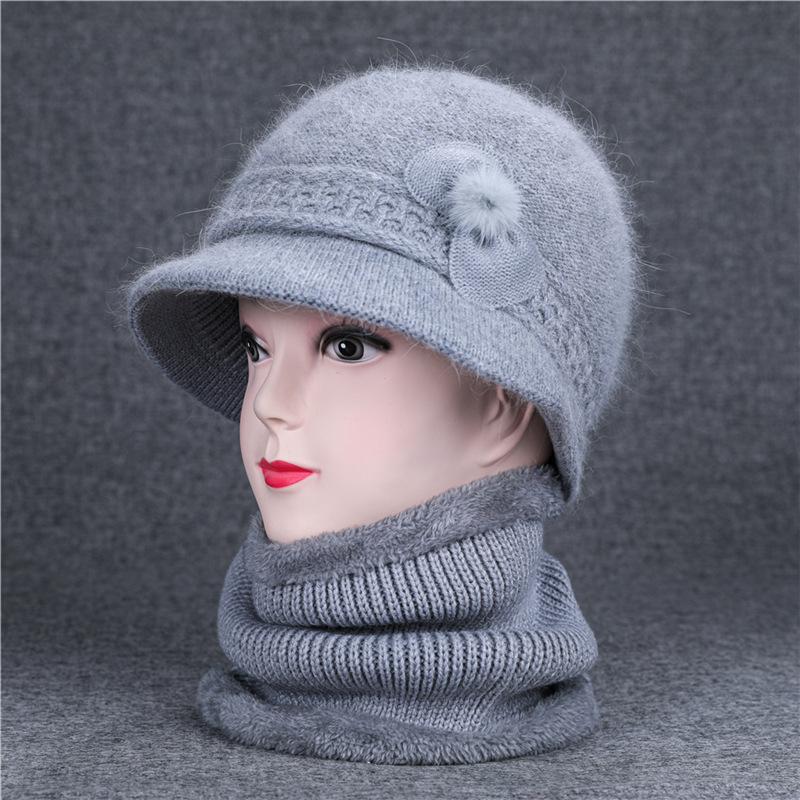 Ji Middle-Aged And Elderly Women'S Basin Hat Grandma Knitted Wool Hat Old Man Hat Rabbit Fur Flower Mother Hat Scarf