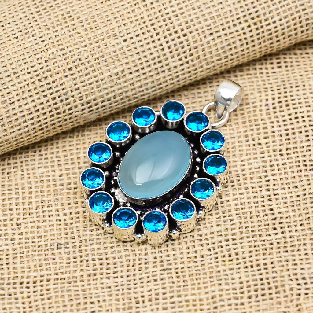 Aqua Chalcedony, Blue Topaz Gemstone 925 Sterling Silver Handmade Jewelry Unique Pendant