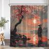 Warrior Samurai Shower Curtain Japan Shrine Red Full Moon Cherry Blossom Bathtub Decor Polyester Bath Curtain With Hook