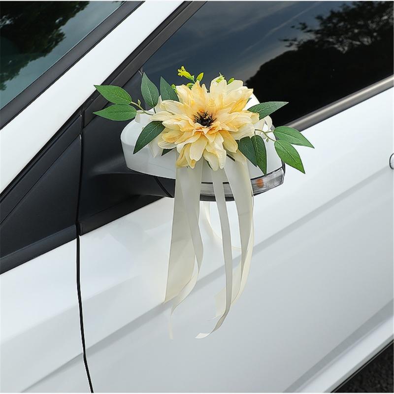 Romantics Florals Rearview Mirror Bowknot For Wedding Car Faux Flowers And Ribbon Chair Back Flower Decoration