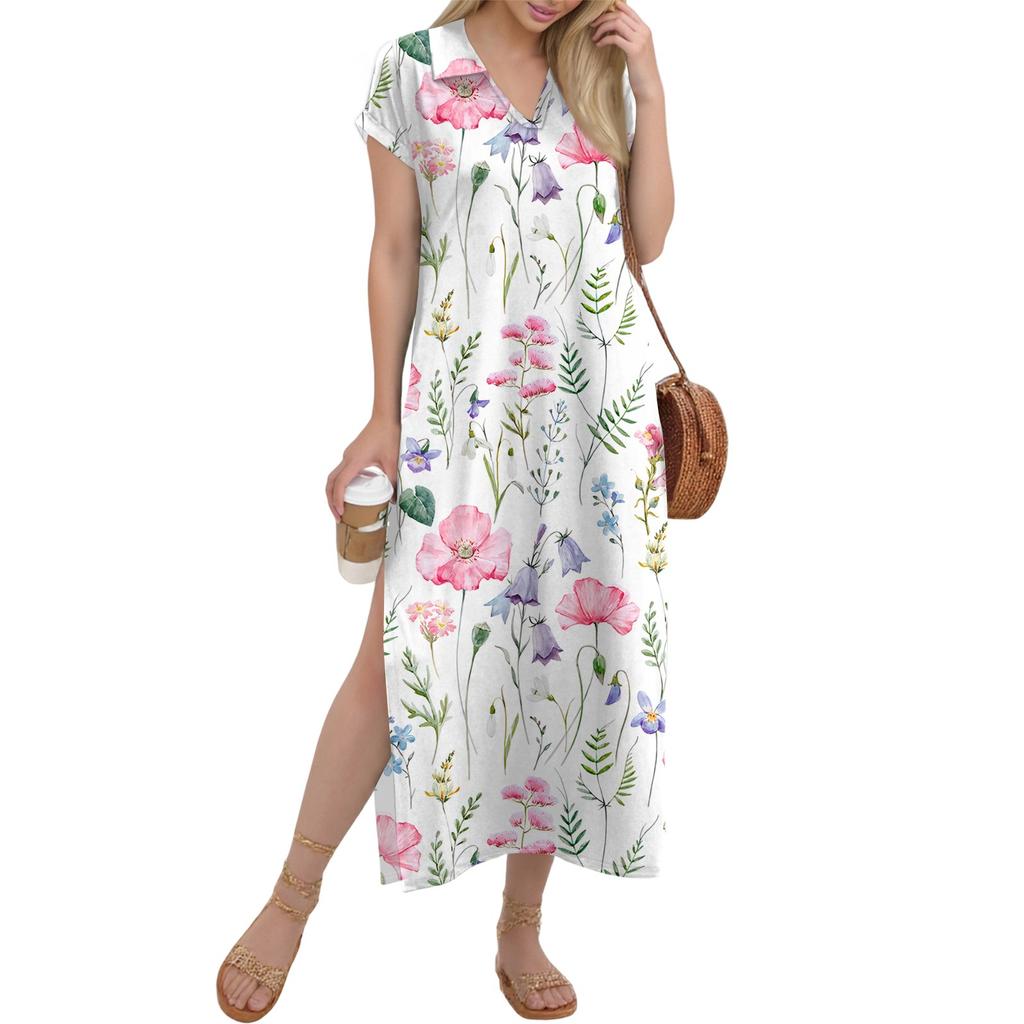 Damen Langer Rock Lässiges V-Ausschnitt Langes Hemdkleid Lockerer Schlitz Urlaub Kurzarmkleid