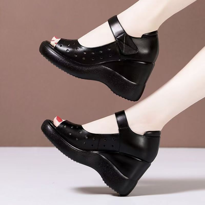 

Summer sandals women s outer wear soft leather hollow hole shoes slope heel fish mouth shoes women s thick-soled cool boots medium high-heeled Roman s 40