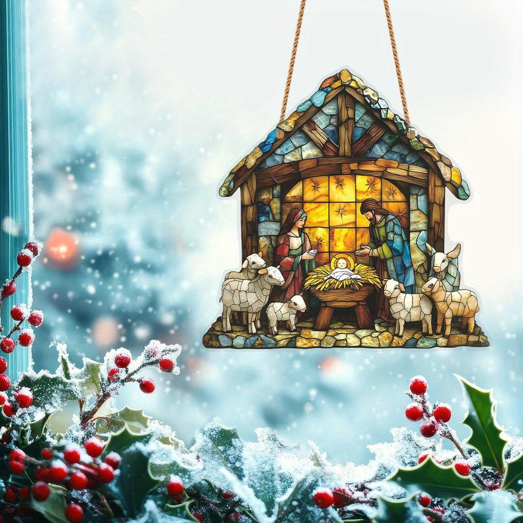 1pc 2D Handmade Sun Catcher Stained Acrylic Nativity Scene Suncatcher Window Hanging Ornament for Home Deco Christian for Family