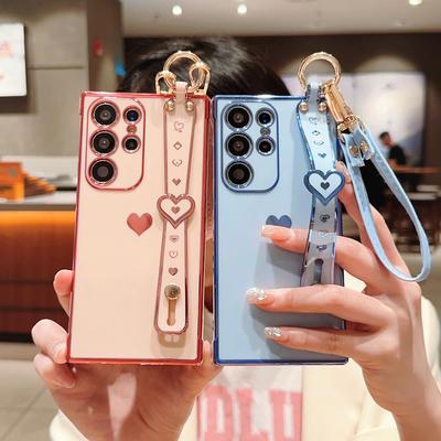 Plating Heart Wristband Case For Samsung Galaxy S23 S22 Ultra S21 Plus S21FE A23 A24 A13 A12 A13 A52 A53 A54 Shockproof Silicone Soft Cover For iPhone