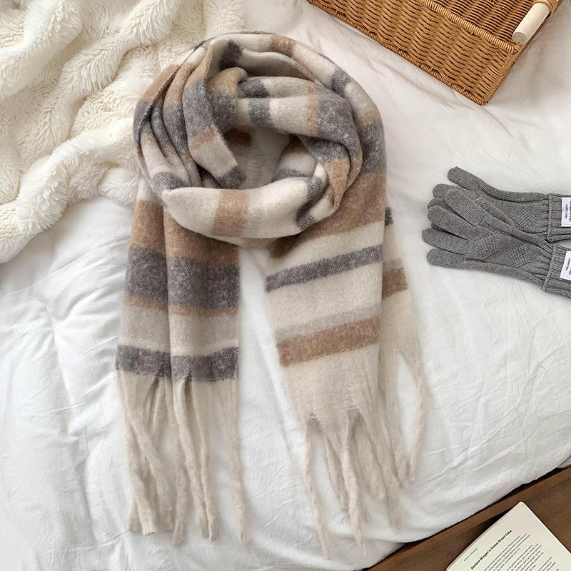 Scarf women's winter high-end sense new couple thickened warm color striped scarf scarf shawl