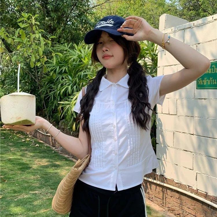 Korean style spicy girl pink pleated loose slimming lapelle shirt, lazy style simple versatile shirt for women, summer top