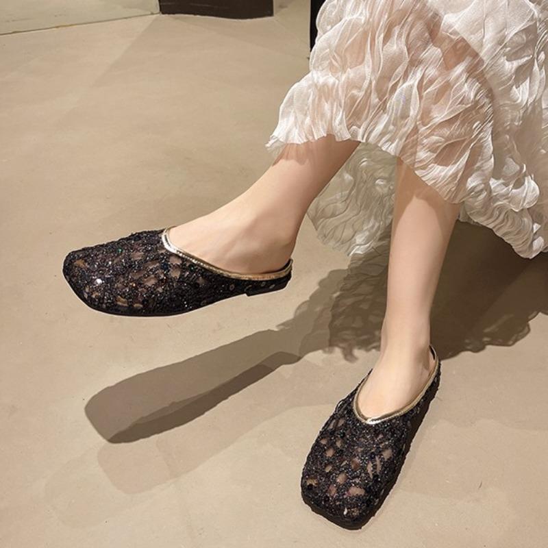 Fashion Glitter Cloth Covered Head Slippers Summer New Square Head Deep Mouth Soft Sole Anti-slip Wear-resistant Flat Shoes