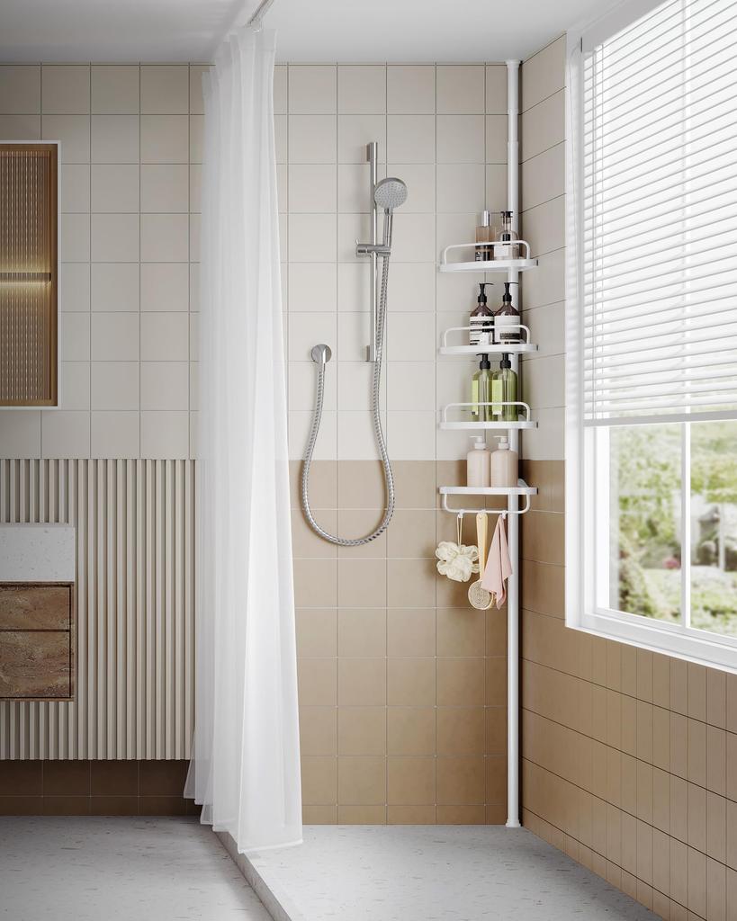 SONGMICS Shampoo Bathroom Tension Corner Height 4 Tension Height BCB001A Rack, Storage, Rack, Rack, Adjustable, Bath, Tier, Rod, 85-305cm, White,