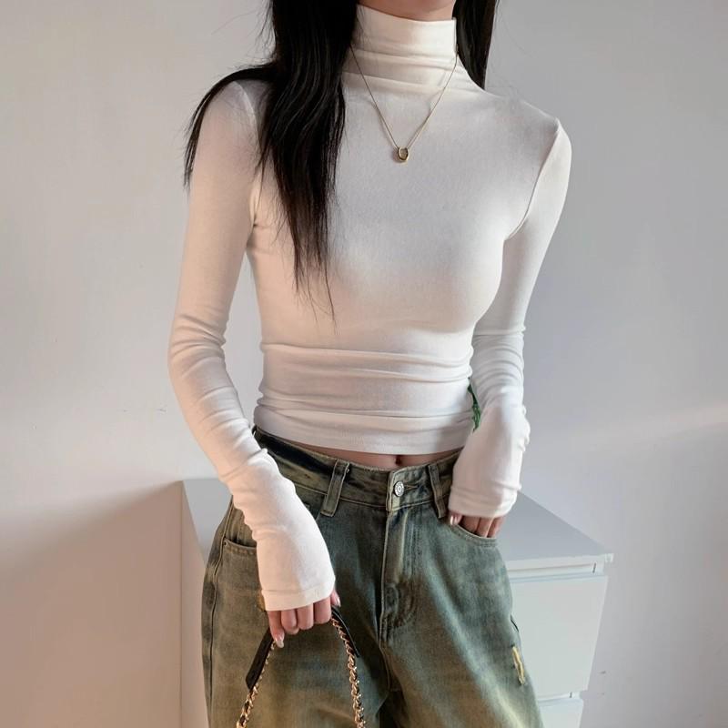 Women's Retro Ribbed Long Sleeve Turtleneck Base Layer Shirt for Autumn/Winter