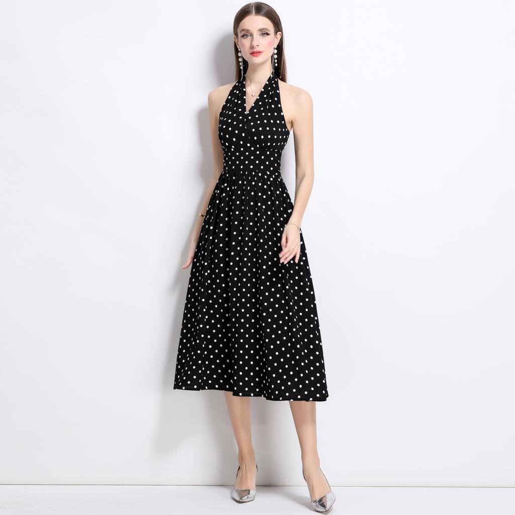 Letní Dámské Elegantní Halter Šaty Midi s Otevřenými Zády a Puntíky na Párty